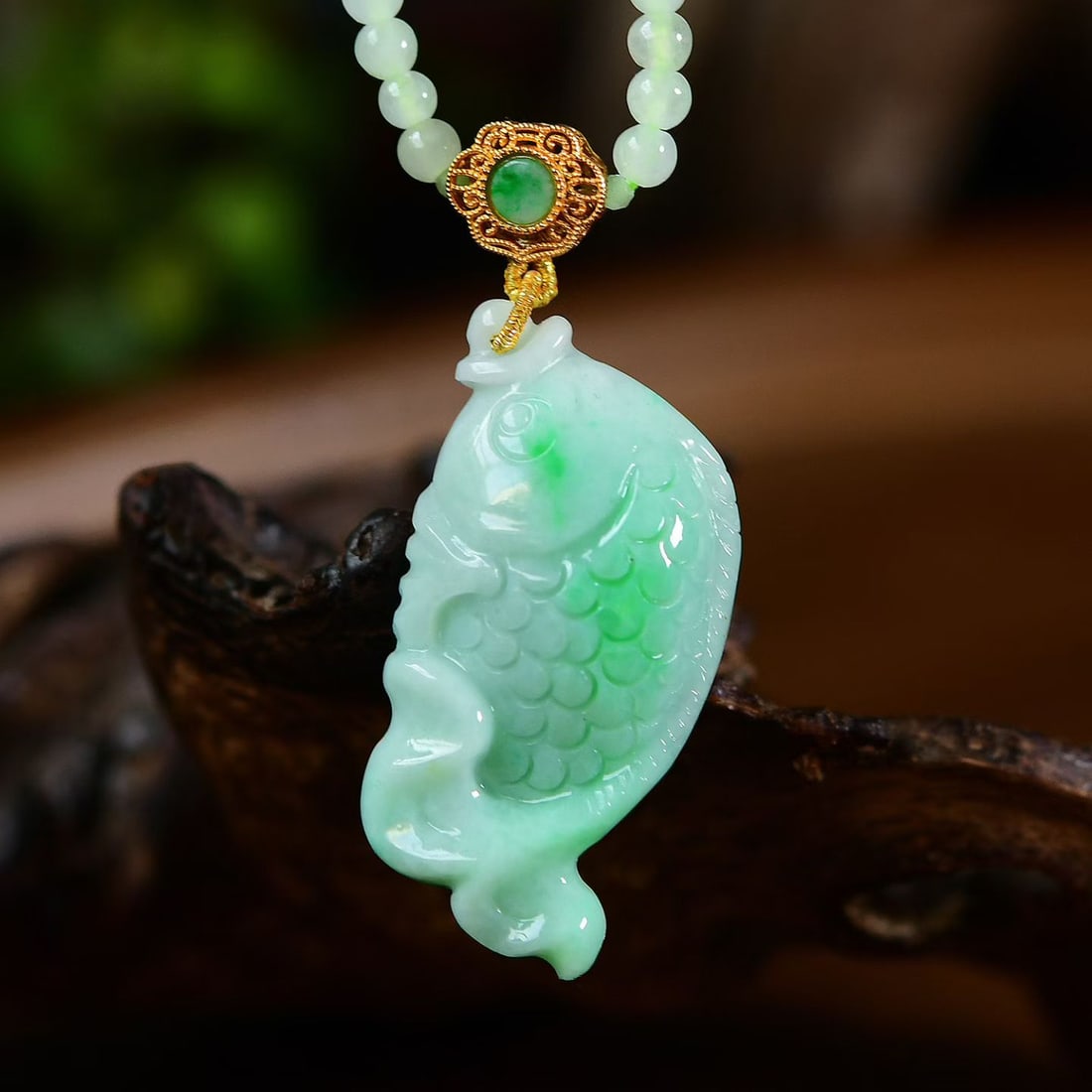 Natural Green Jadeite Fish Pendant with Certificate - 2