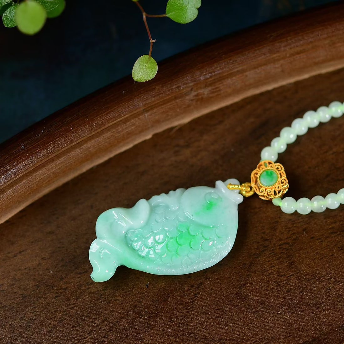 Natural Green Jadeite Fish Pendant with Certificate - 4