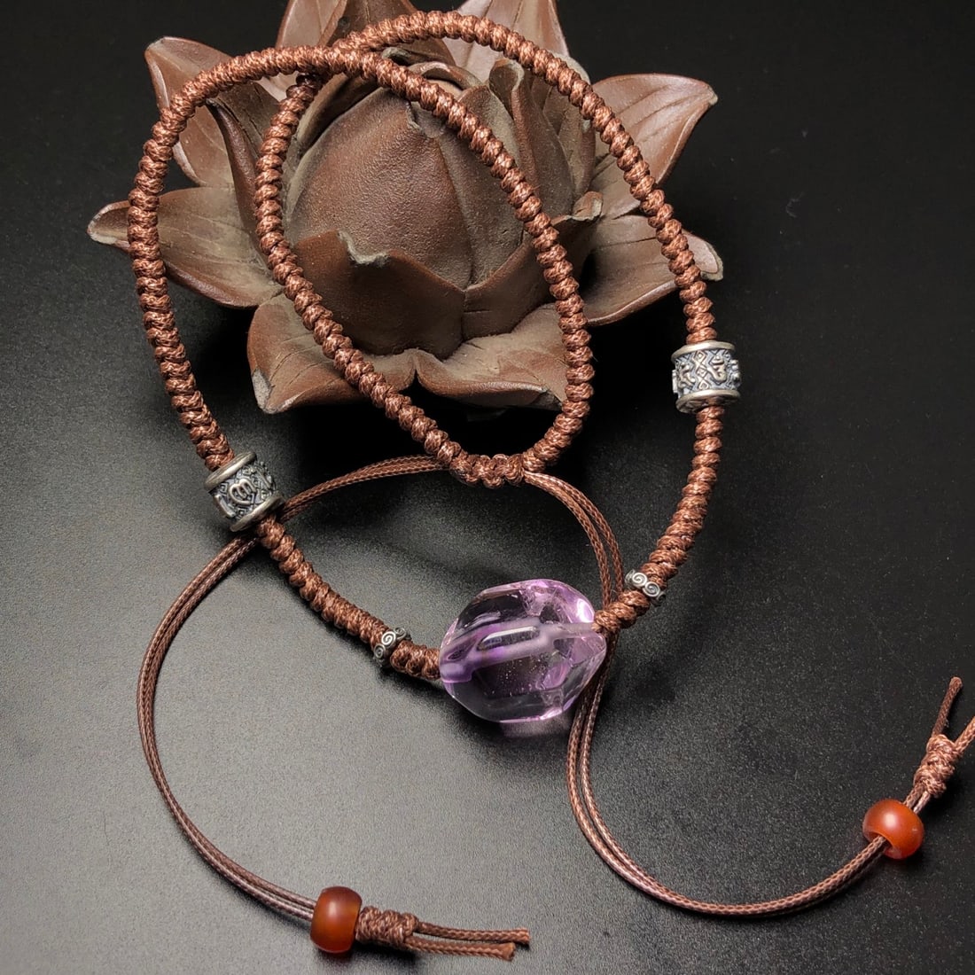 Hand knitting Natural Amethyst & Silver Necklace - 4