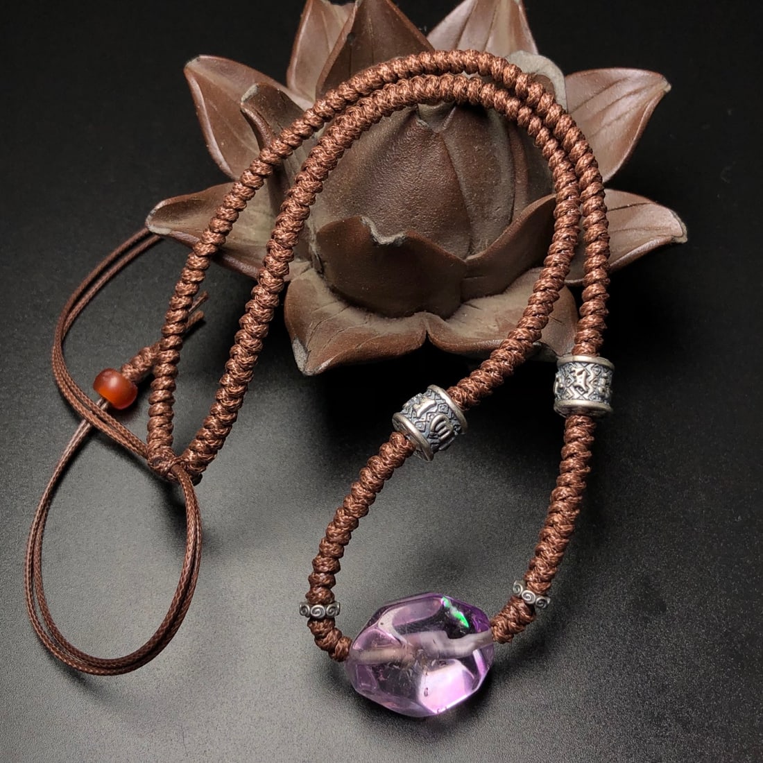 Hand knitting Natural Amethyst & Silver Necklace - 5