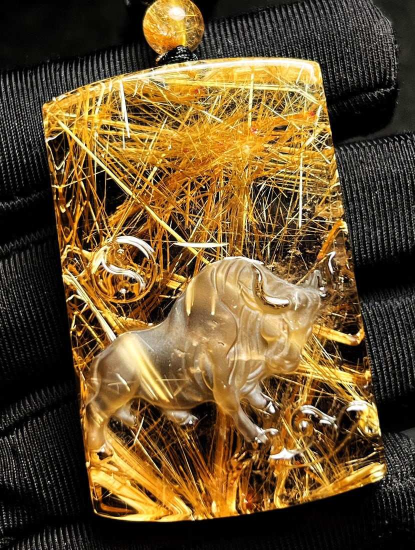Natural Rutilated Quartz Carved Ox Pendant with Certificate - 2