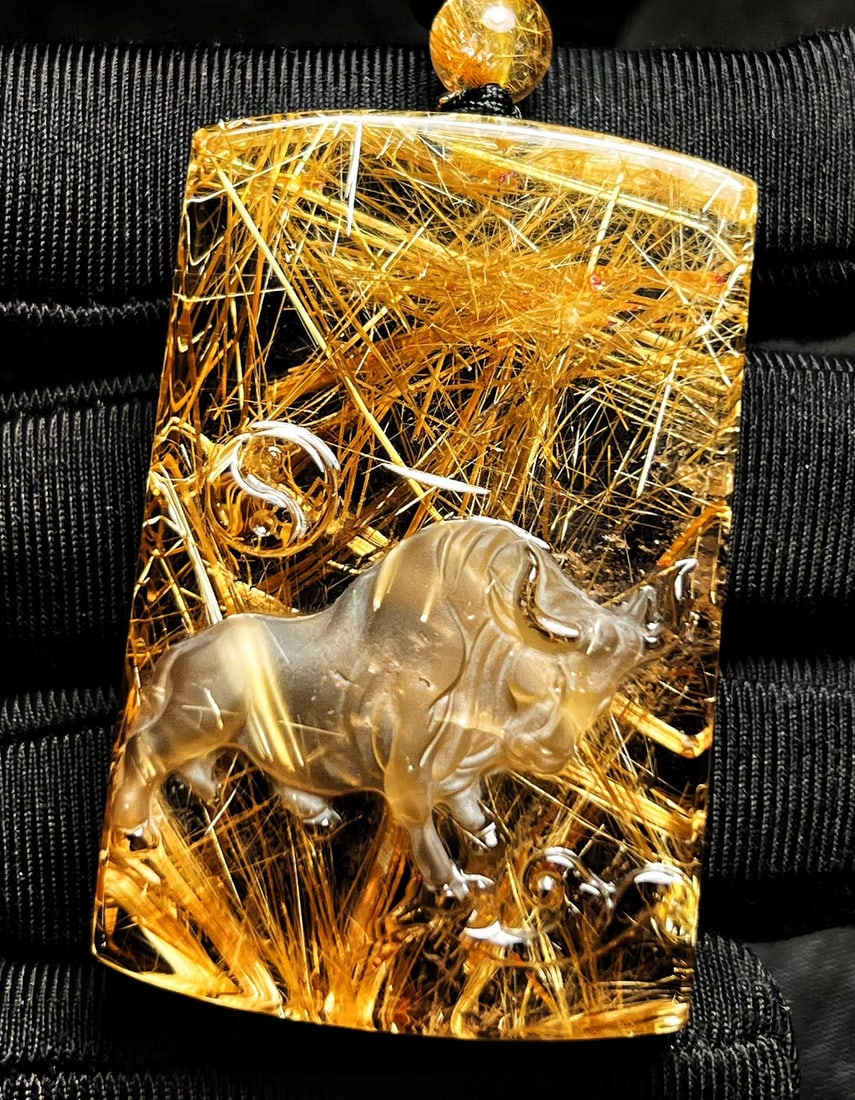 Natural Rutilated Quartz Carved Ox Pendant with Certificate - 3
