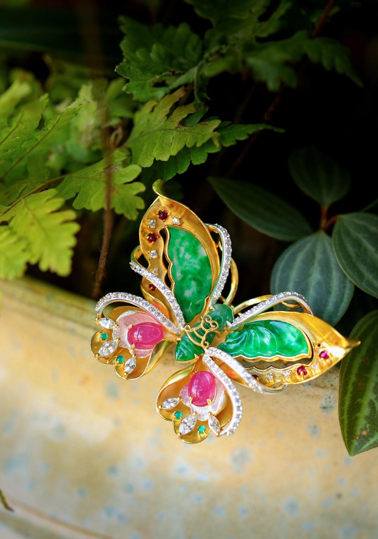 Silver & Natural Green Jadeite Butterfly Brooch Pendant - 2