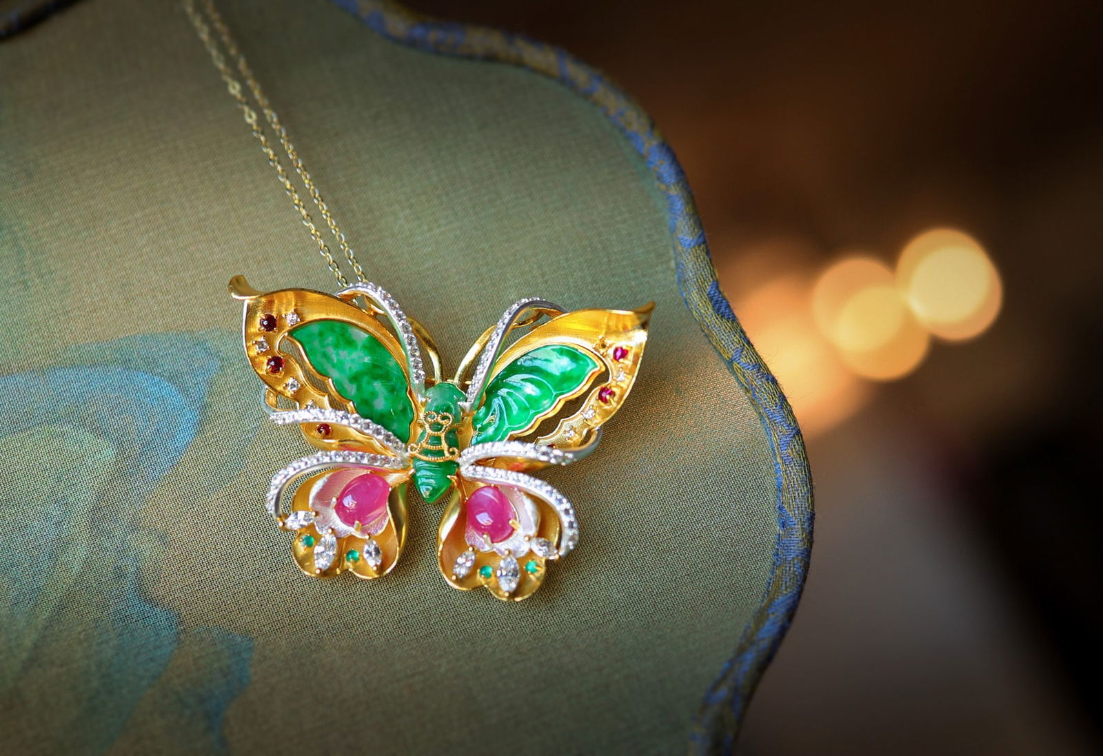 Silver & Natural Green Jadeite Butterfly Brooch Pendant - 5