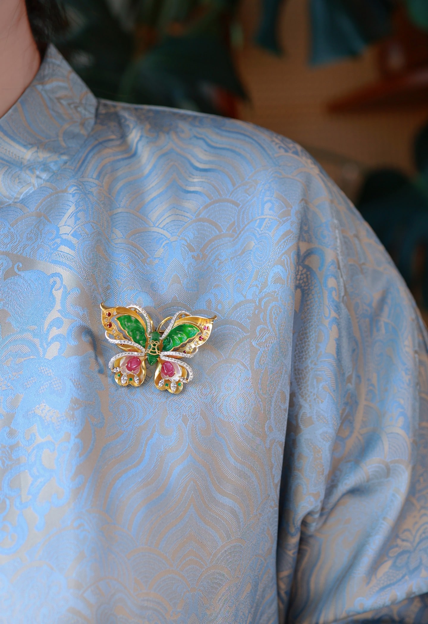 Silver & Natural Green Jadeite Butterfly Brooch Pendant - 6