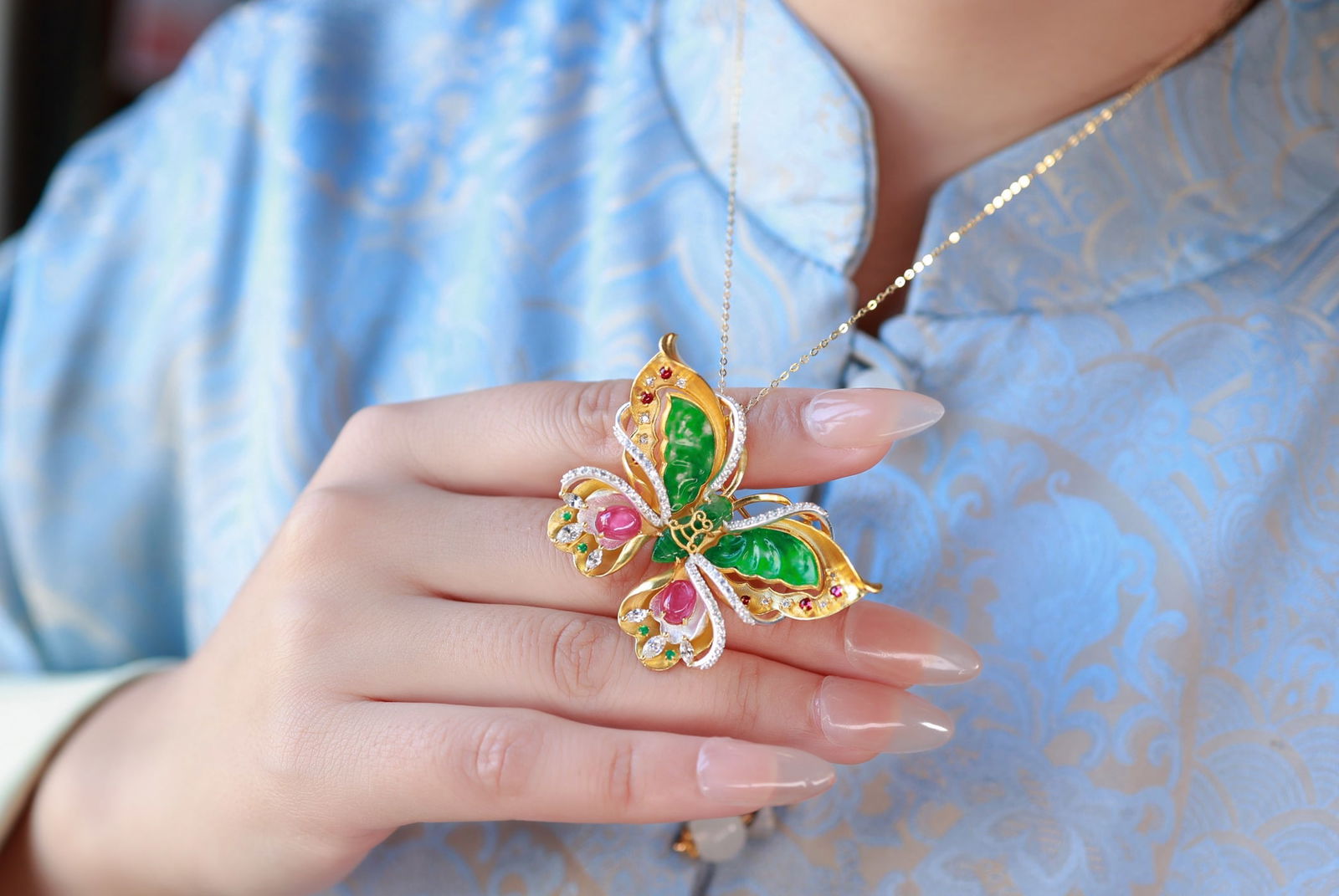 Silver & Natural Green Jadeite Butterfly Brooch Pendant - 7