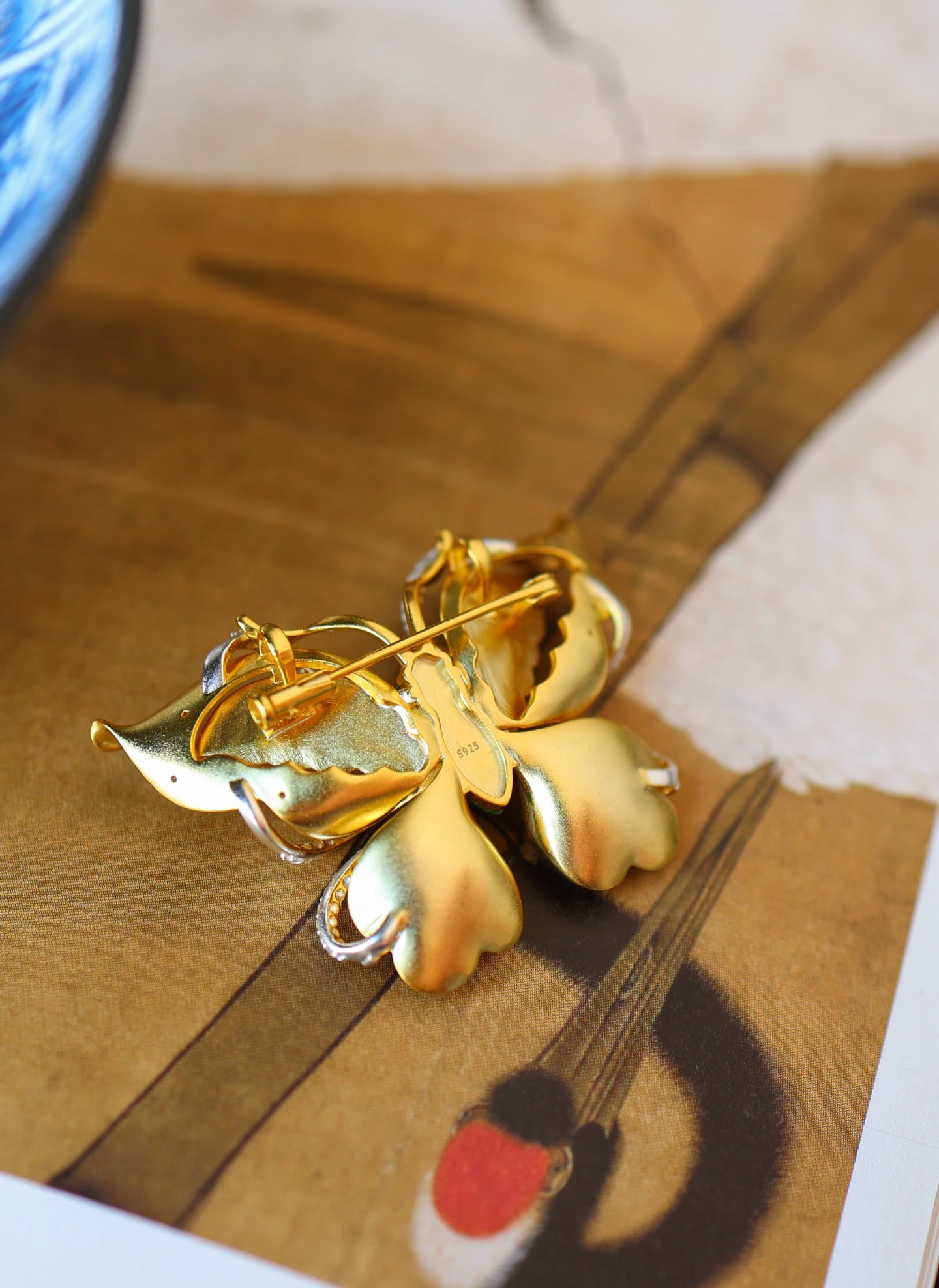 Silver & Natural Green Jadeite Butterfly Brooch Pendant - 8