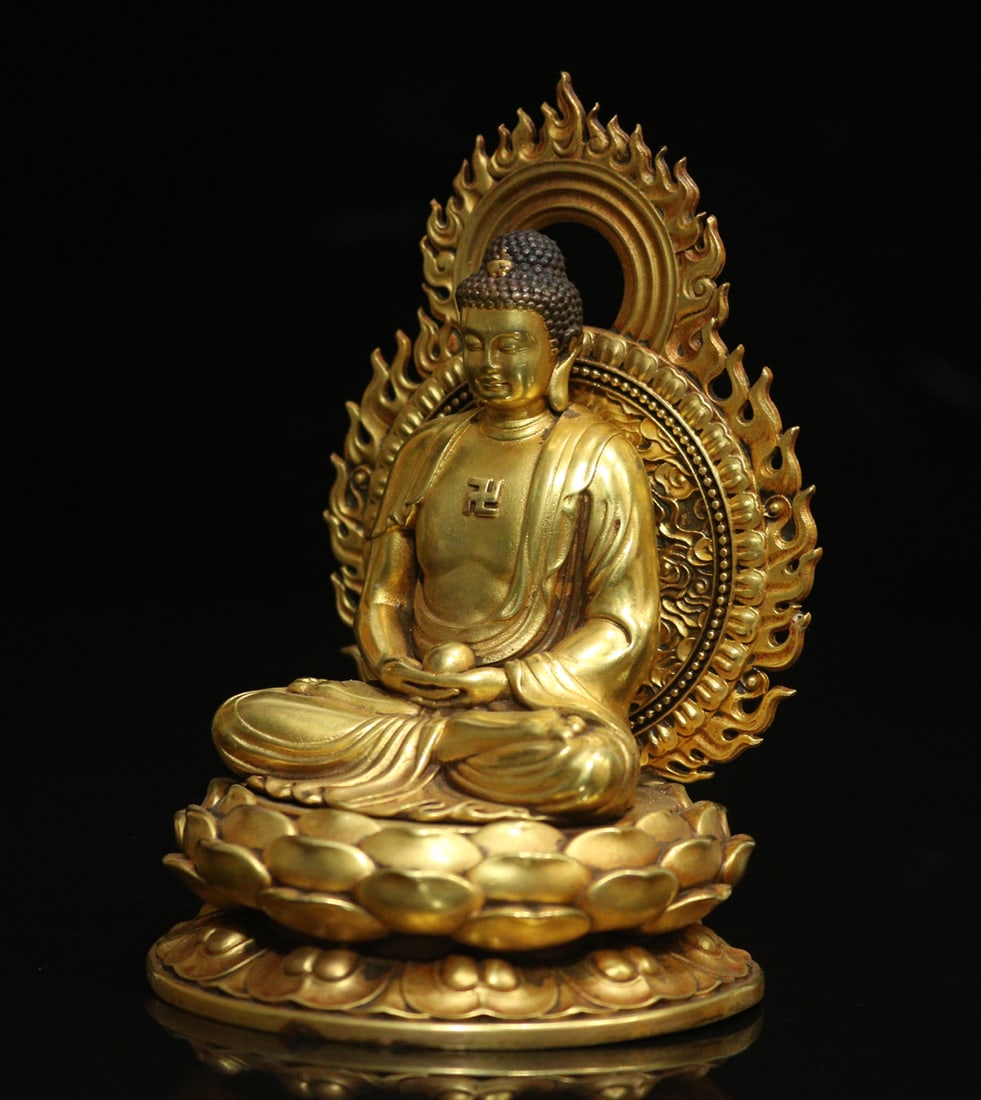 Old Chinese Gilt Gold Copper Buddha Statue - 2