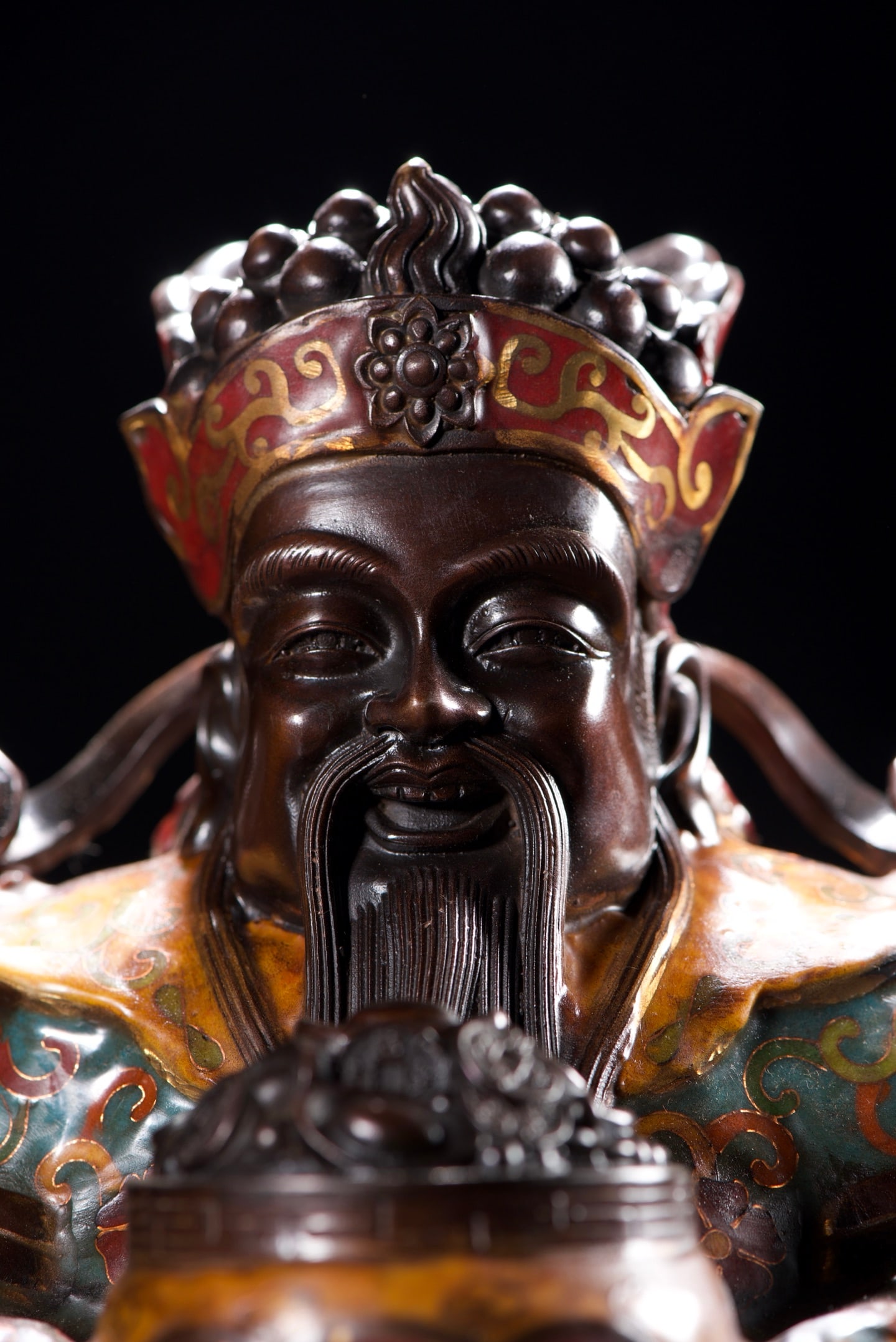 Old Chinese Bronze Cloisonne Fortune Taoism Deity Statue - 3