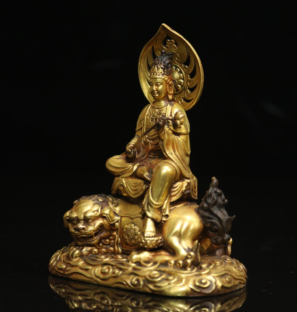 Old Chinese Gilt Gold Copper Manjusri & Lion Statue - 2