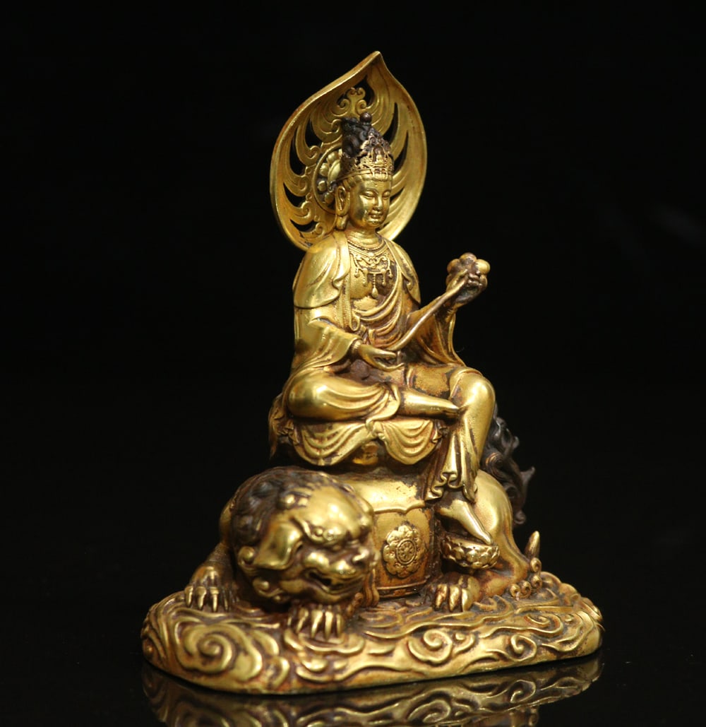 Old Chinese Gilt Gold Copper Manjusri & Lion Statue - 4