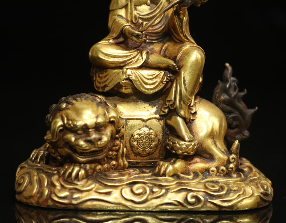 Old Chinese Gilt Gold Copper Manjusri & Lion Statue - 6
