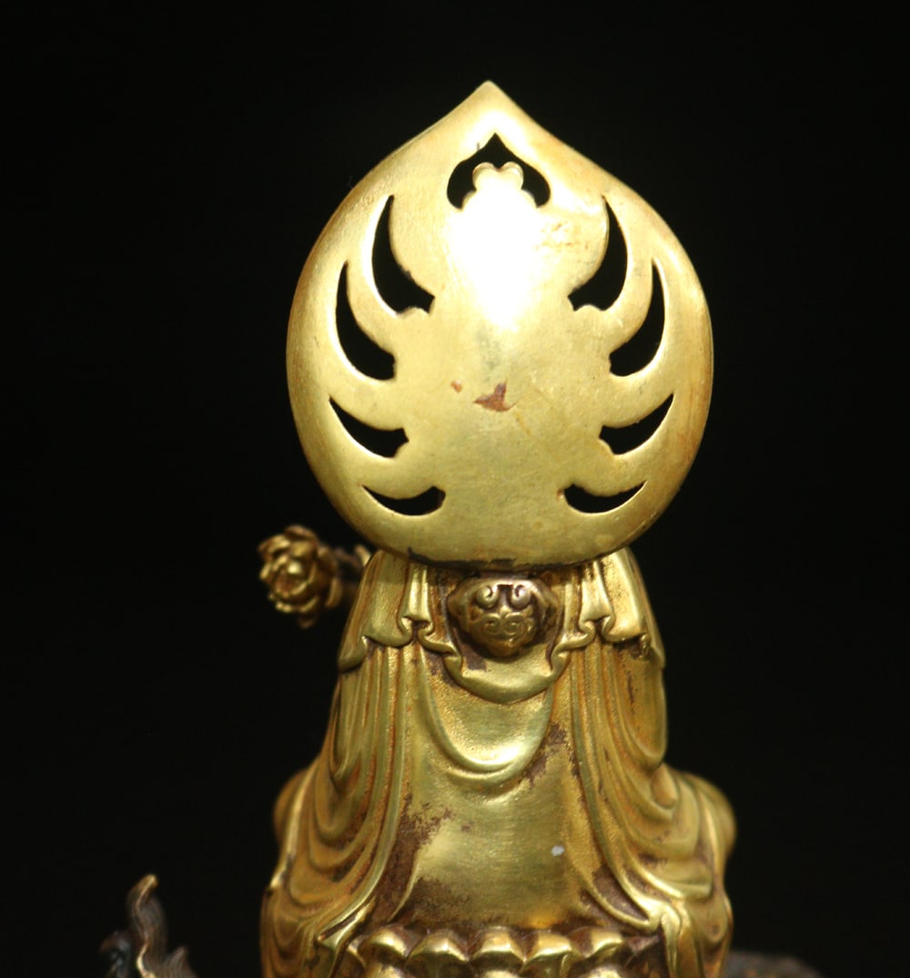 Old Chinese Gilt Gold Copper Manjusri & Lion Statue - 7