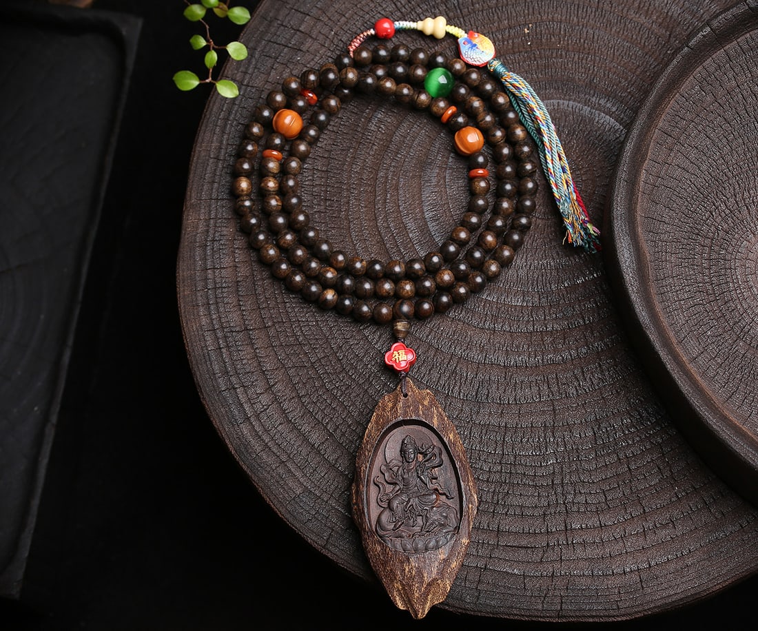 Hand-carved Natural Chenxiang Wood Samantabhadra,Elephant Pendant & Necklace - 5