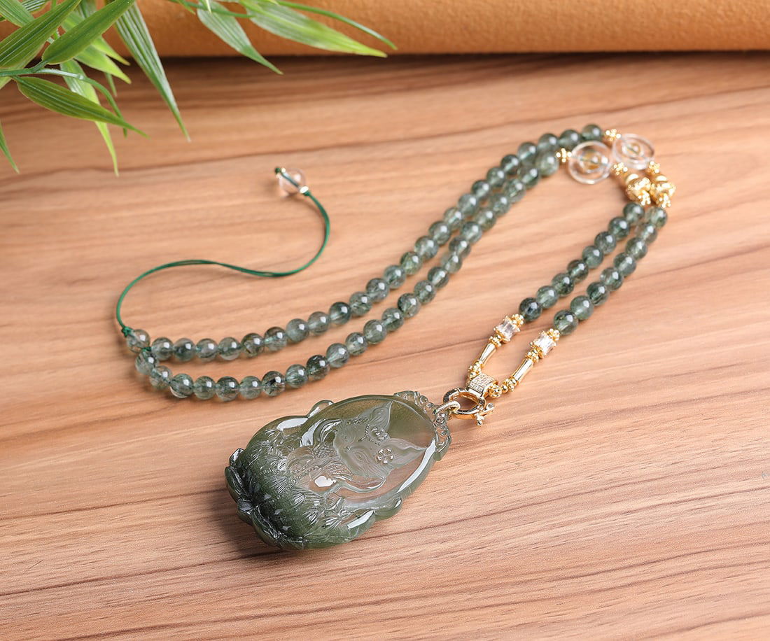 Hand-carved Natural Green Crystal Fox Pendant with Certificate - 4