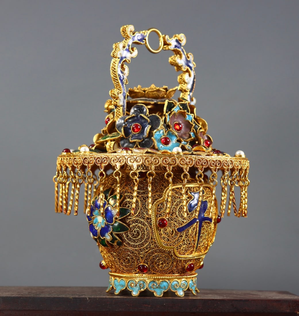 Excellent Chinese Gold Wires Enamel Inlay Gem Statue - a basket of flowers - 2