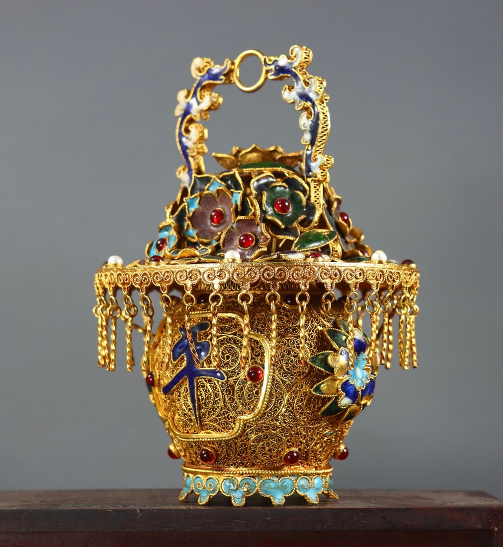 Excellent Chinese Gold Wires Enamel Inlay Gem Statue - a basket of flowers - 3