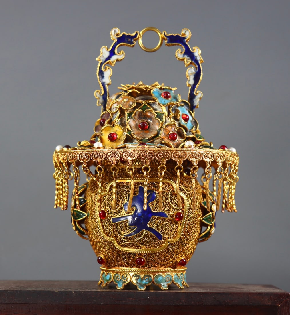 Excellent Chinese Gold Wires Enamel Inlay Gem Statue - a basket of flowers - 5