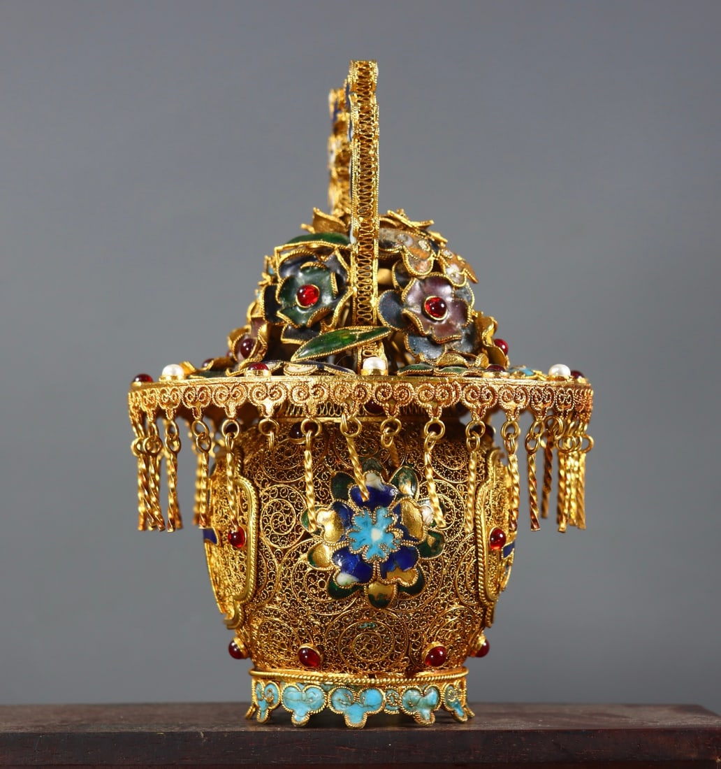 Excellent Chinese Gold Wires Enamel Inlay Gem Statue - a basket of flowers - 6