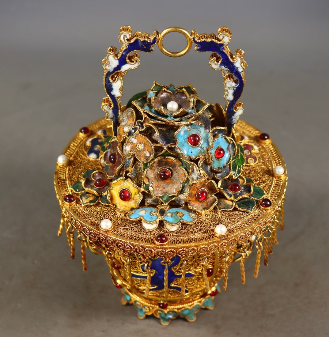 Excellent Chinese Gold Wires Enamel Inlay Gem Statue - a basket of flowers - 7