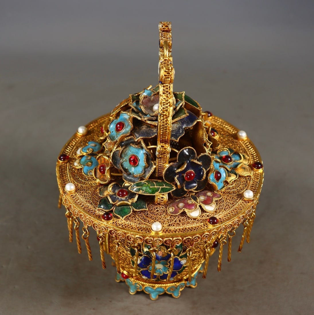 Excellent Chinese Gold Wires Enamel Inlay Gem Statue - a basket of flowers - 8