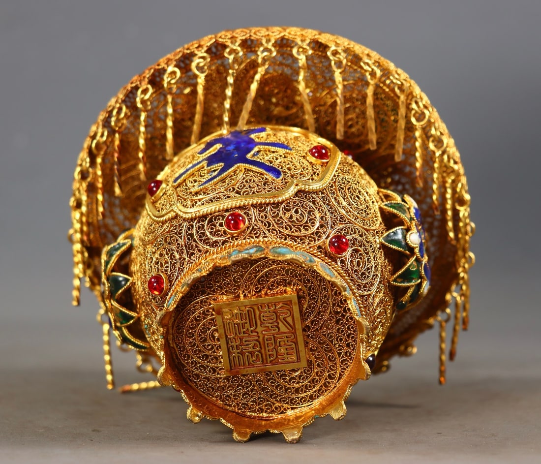 Excellent Chinese Gold Wires Enamel Inlay Gem Statue - a basket of flowers - 9