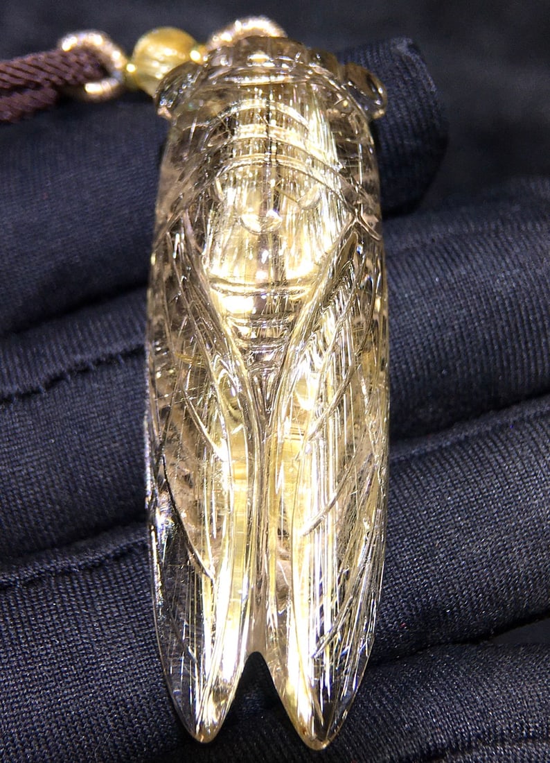 Natural Rutilated Quartz Carved Cicada Pendant with Certificate - 2