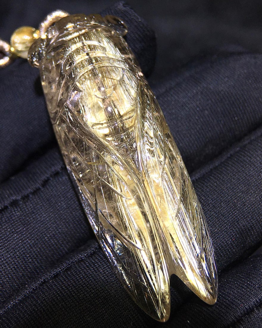 Natural Rutilated Quartz Carved Cicada Pendant with Certificate - 3