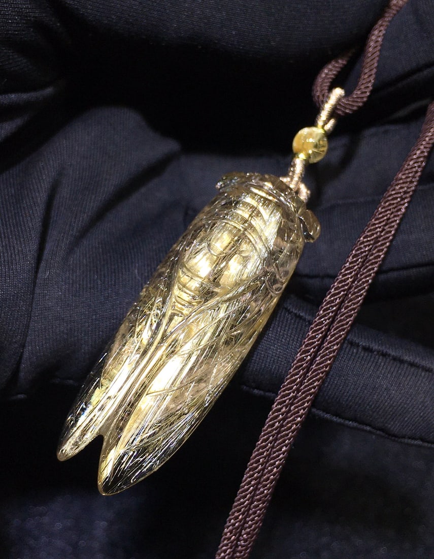 Natural Rutilated Quartz Carved Cicada Pendant with Certificate - 5