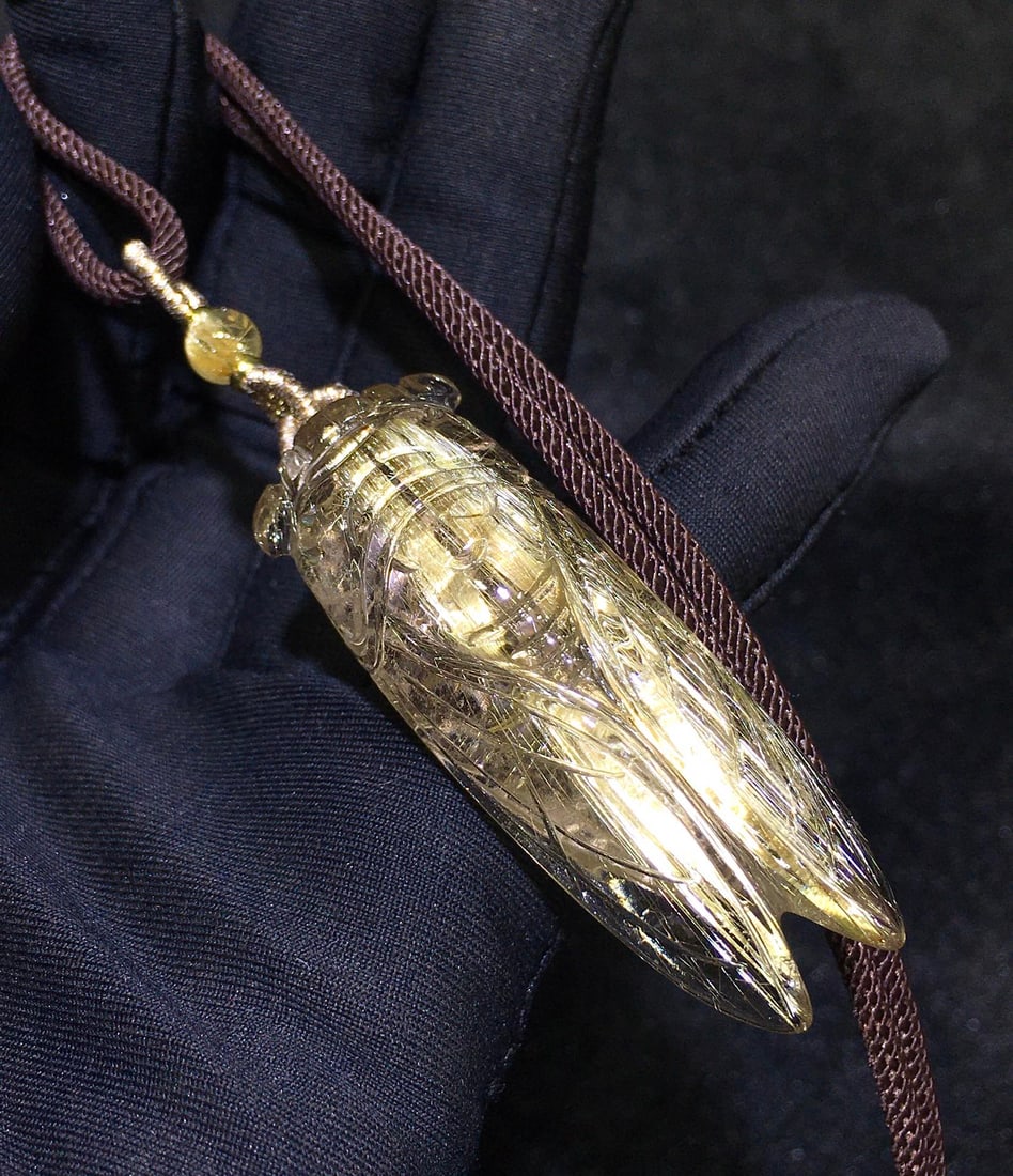 Natural Rutilated Quartz Carved Cicada Pendant with Certificate - 6