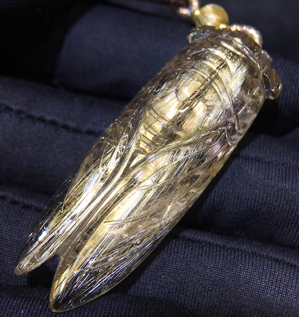 Natural Rutilated Quartz Carved Cicada Pendant with Certificate - 7
