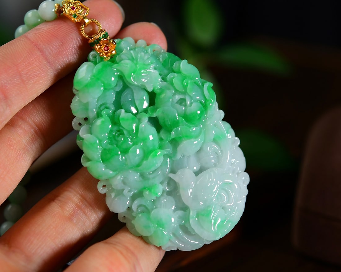 Hand-carved Natural Green Jadeite Flower Bird Pendant with Certificate - 2