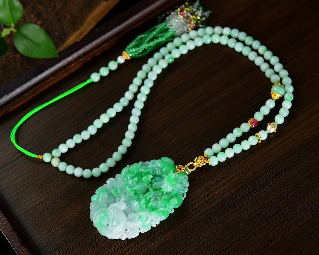 Hand-carved Natural Green Jadeite Flower Bird Pendant with Certificate - 4