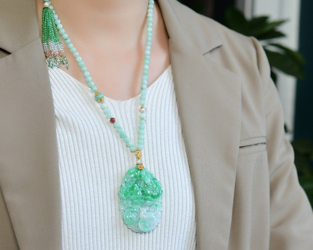Hand-carved Natural Green Jadeite Flower Bird Pendant with Certificate - 6