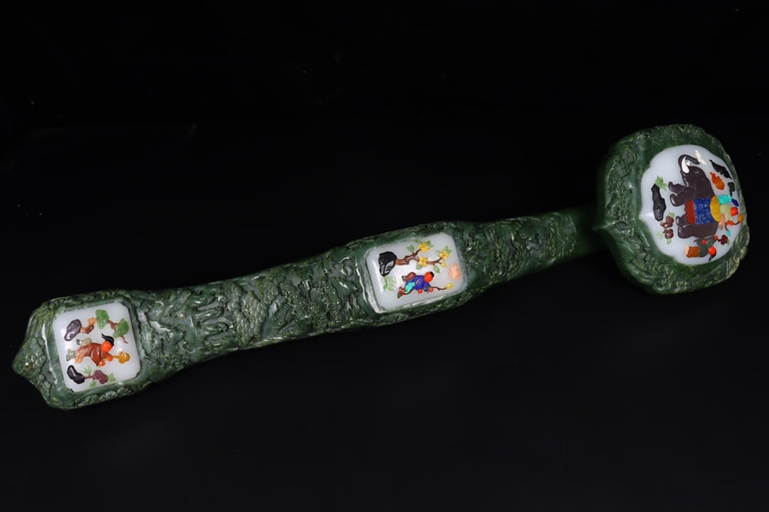 Superb Old Chinese Green Hetian Jade Carved Ruyi Scepter Statue - 5