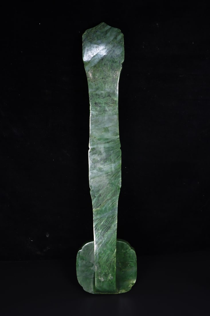 Superb Old Chinese Green Hetian Jade Carved Ruyi Scepter Statue - 6