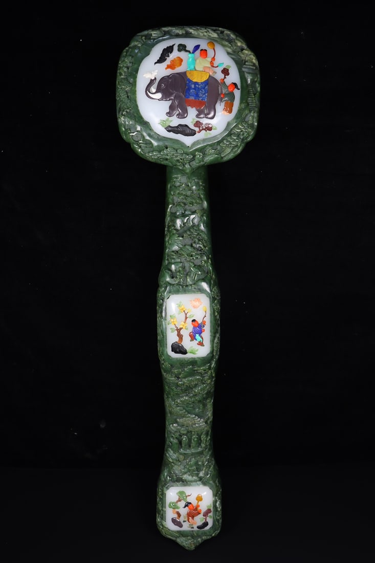 Superb Old Chinese Green Hetian Jade Carved Ruyi Scepter Statue - 9