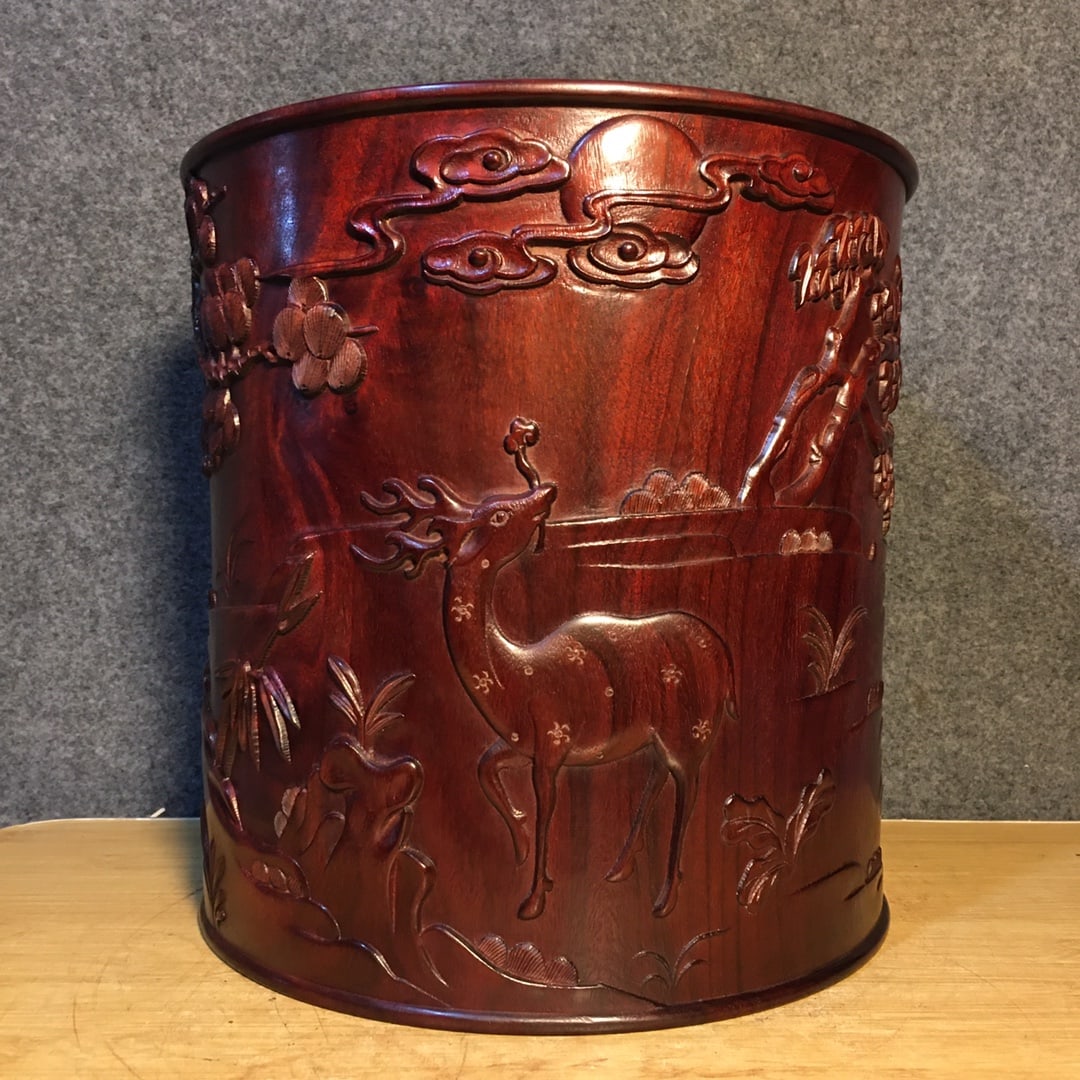 Chinese Huanghuali Wood Low Relief Crane & Deer Design Brush Pot (1 of 9)