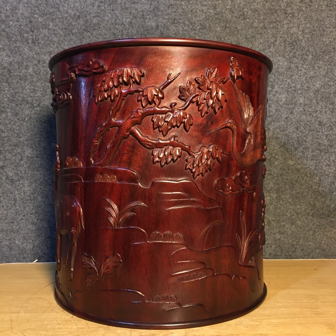 Chinese Huanghuali Wood Low Relief Crane & Deer Design Brush Pot - 2