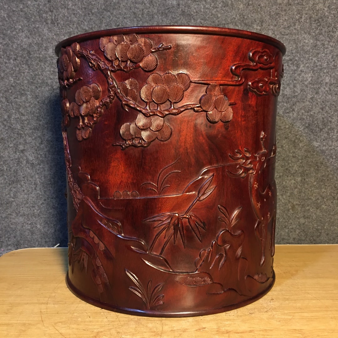 Chinese Huanghuali Wood Low Relief Crane & Deer Design Brush Pot - 6