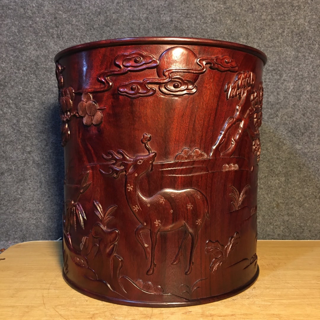 Chinese Huanghuali Wood Low Relief Crane & Deer Design Brush Pot - 7