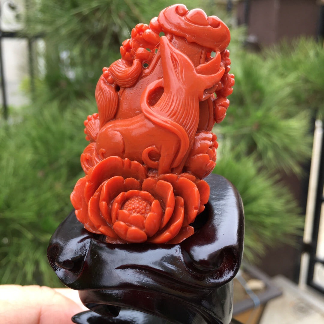 Chinese Nanhong Agate Carved Nine-tailed Fox Statue - 5