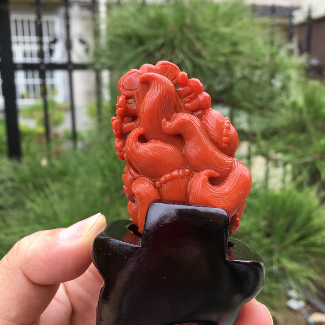 Chinese Nanhong Agate Carved Nine-tailed Fox Statue - 6