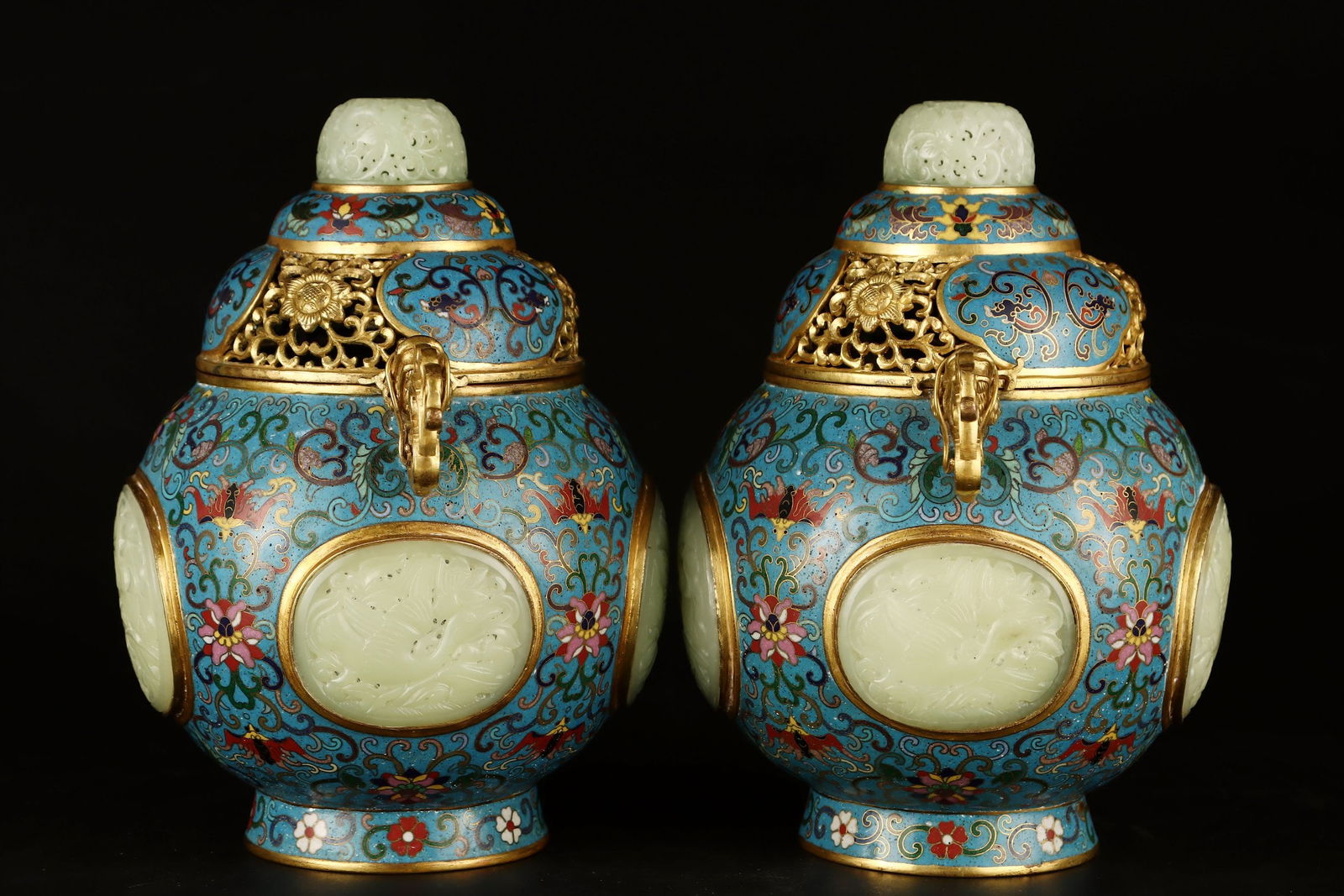 A Pair Superb Old Chinese Copper Cloisonne Inlay Hetian Jade Incense Burner - 2