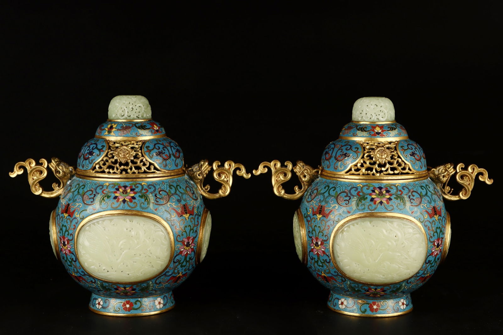 A Pair Superb Old Chinese Copper Cloisonne Inlay Hetian Jade Incense Burner - 3