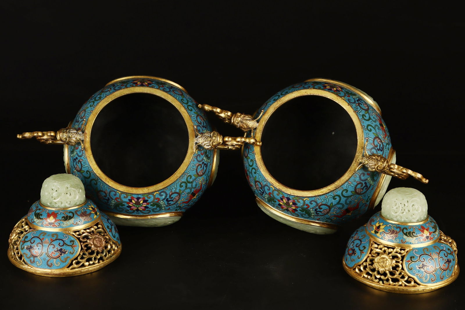 A Pair Superb Old Chinese Copper Cloisonne Inlay Hetian Jade Incense Burner - 5