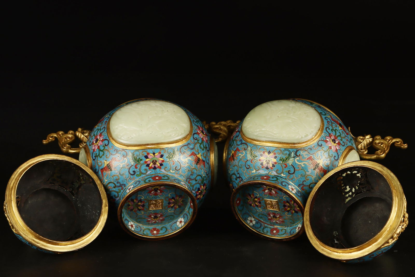 A Pair Superb Old Chinese Copper Cloisonne Inlay Hetian Jade Incense Burner - 8