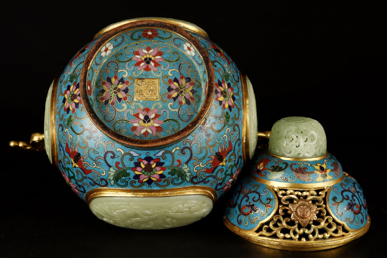 A Pair Superb Old Chinese Copper Cloisonne Inlay Hetian Jade Incense Burner - 9