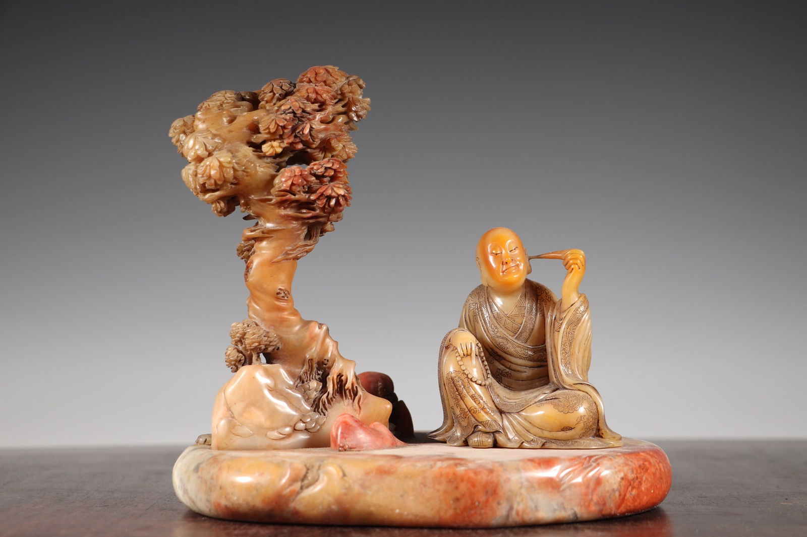 Vintage Chinese Shoushan Stone Carved Arhat Statue w Base (1 of 9)