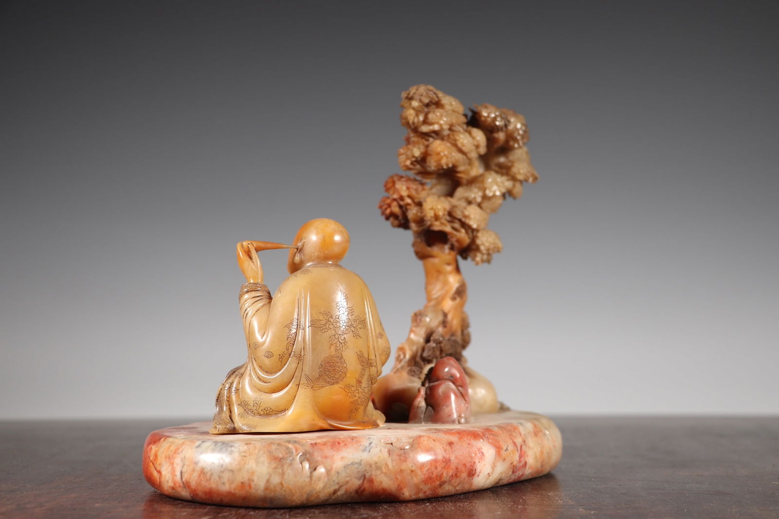 Vintage Chinese Shoushan Stone Carved Arhat Statue w Base - 5